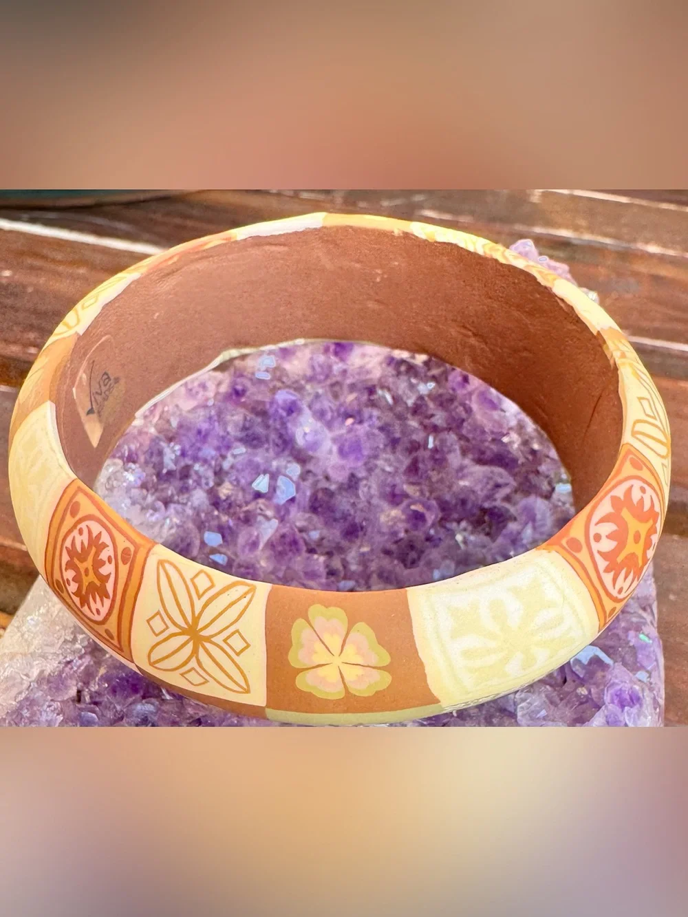 Viva Beads® Handmade Polymer Clay Wide Bangle Bracelet | Floral Patchwork Earth